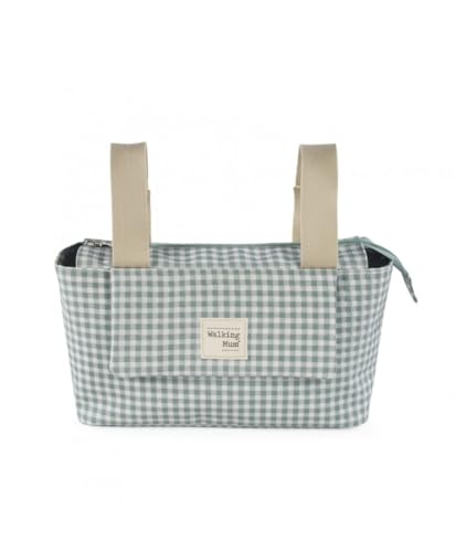 Walking Mum. Bolso organizador I Love Vichy. Bolsa de maternidad para silla de paseo. Asas cortas para fijar al carro. Color Verde. Medidas 31X17X12 cm.