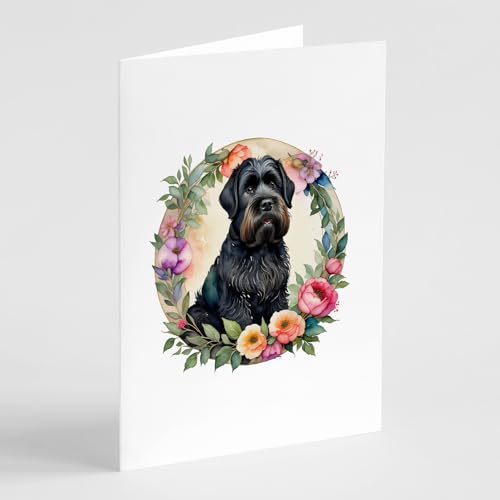 Caroline's Treasures Black Russian Terrier and Flowers Greeting Cards and Envelopes Pack of 8 Blank Cards with Envelopes Whimsical A7 Size 5x7 Blank Greeting Cards