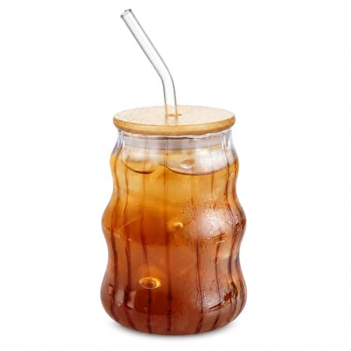 Image of Creative Glass Cups with Lids and Straw - 500ml,Set of 1, Wave Shape Cute Drinking Tumblers Ribbed Cups Vintage Ripple Glassware for Cocktail Juice Iced Coffee Tea Soda Milk