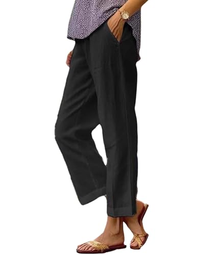Cotton Linen Pants for Women Summer Casual Straight Leg Capri Pants Elastic Waist Beach Trouser with Pockets