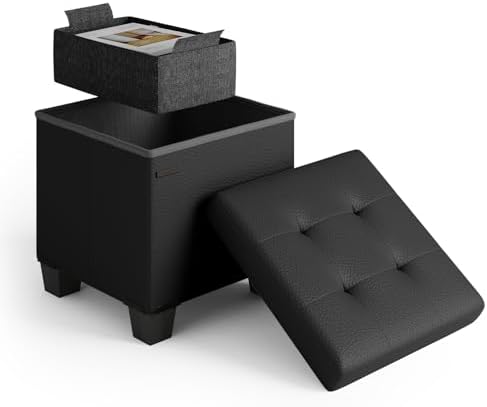 Storage Ottoman Cube with Small Bin, 16-in Square Ottoman with Storage for Living Room and Bedroom, Small Ottomans Foot Rest, Faux Leather Foot Stools Ottomans Max 330lbs, Black