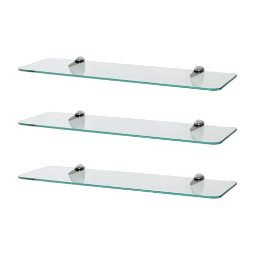 Harbour Housewares Rounded Floating Glass Bathroom Shelves - 50cm - Clear/Chrome - 3x Wall-Mounted Kitchen Bedroom Shower Room Décor Caddy Towel Storage Organiser Shelving Rack with Brackets