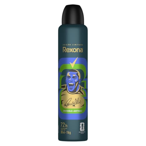 Lata de desodorante antitranspirante Rexona Men 200ml, versão Ronaldo Invisible + Antibac com fundo verde escuro e ilustração do jogador Ronaldo.