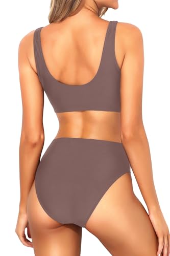 Image of Tempt Me Women Sporty Bikini Set Two Piece High Waisted Swimsuit Athletic Scoop Neck Bathing Suit