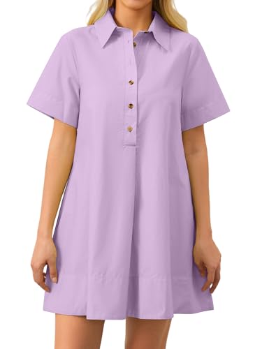 Image of Dsewpaur Short Sleeve Swing Tunic Mini Dress for Women Button Up Shirt Blouse Short Dress Summer Casual Flowy A Line Dress