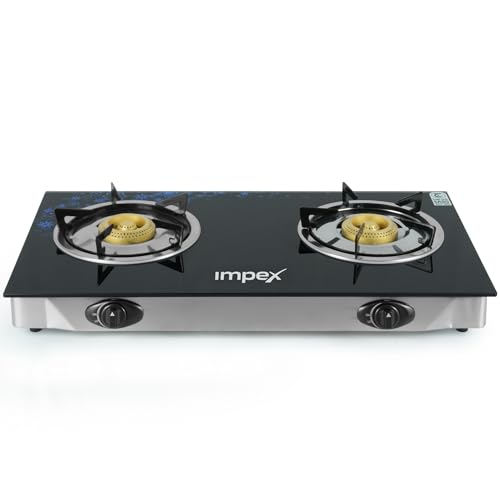 Impex 2 Burner Glass Top Gas Stove Auto Ignition Toughened Glass ErgonomicKnobs StainlessSteel Spill Base EnamelCoated PanSupport Blue Flame Efficiency Water Tray L-Shape Inlet Pipe IGS 1214F