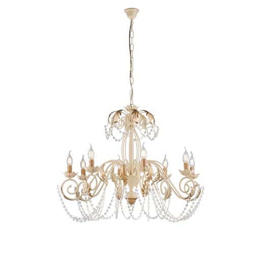 Lustre en fer décapé ivoire 8 lumières et strass dorés d'exception pour salon de prestige