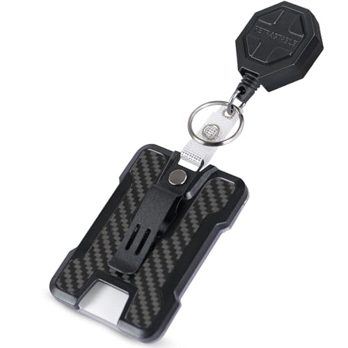 LAHAWAHA Einziehbarer Ausweishalter mit Kohlefaser-Optik und strapazierfähigem Karabiner-Schlüsselanhänger mit Gürtelclip, 80cm Ausweisrolle, 227g Zugkraft, taktischer ID-Kartenhalter mit Ausweis