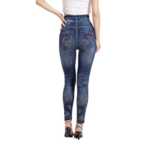 Denim Pants Leggings for Women Vintage Floral Print Skinny Jeans High Waisted Butt Lifting Trouser with Pockets 2024