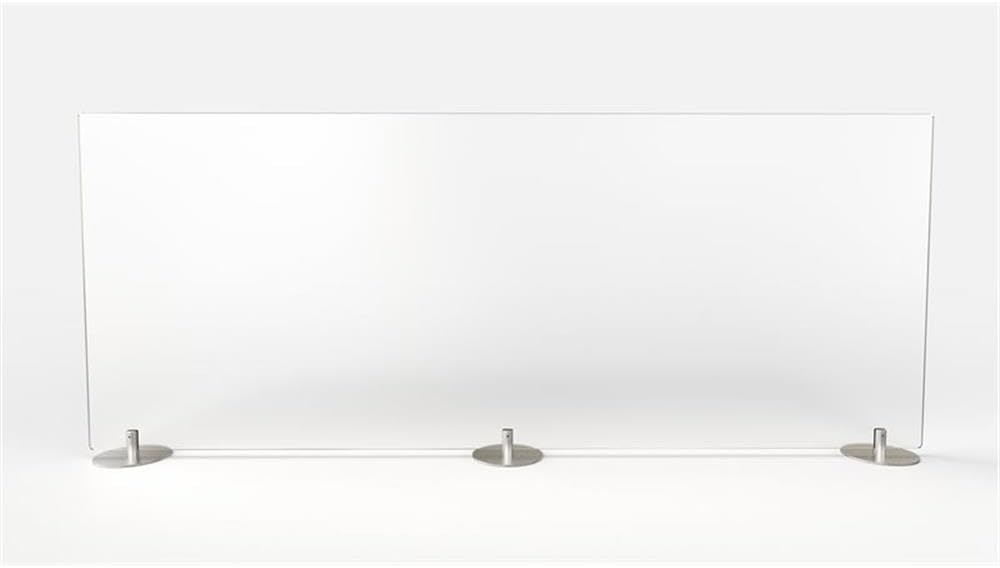 Pemberly Row Freestanding Plastic Desktop Divider, 24 in x 59 in, White Finish, Frosted or Clear Panel, Aluminum Feet, Privacy Screen for Desks, Easy to Clean Office or Workspace Partition