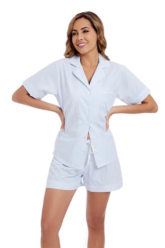 Image of LUBOT 100% Cotton Pajamas for Women 2 Piece PJ Set Poplin Woven Lightweight Ladies Button Short Sleeve Sleepwear S-XXL