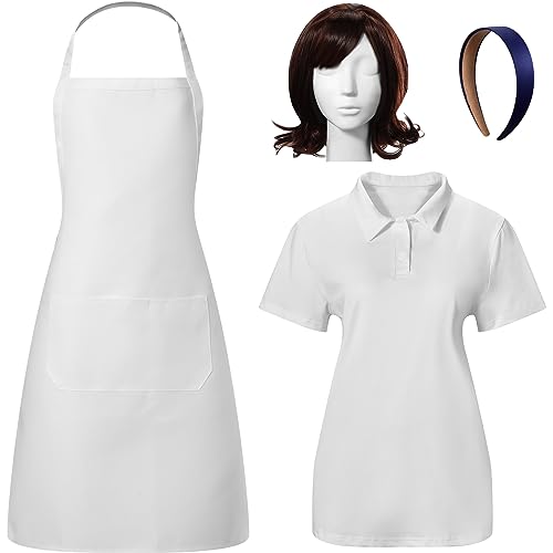 Didaey Womens Halloween Costume Set Include White Half Apron Short Sleeve Shirt Short Flip Wigs Navy Headbands for Women (Large)