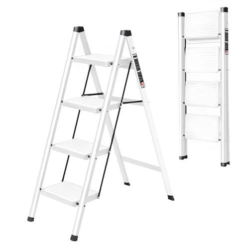 JIQIAO 4 Step Ladder Folding Step Stool Sturdy Steel Ladder Lightweight Portable Steel Step Stool with Wide Anti-Slip (White, 4-Step)
