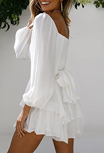 Fixmatti White Ruffle Romper For Women Party Boho Long Sleeve Belted Shorts Jumpsuit White M #TOP2