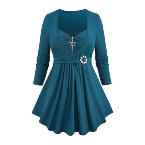ROSE GAL Rosegal Plus Size Surplice Blouse for Women Elegant Lace Trim Ruched Half Zipper Wrap Top Long Sleeves Tunic Top 2 in 1 Tee(Blue_3/3X) Cover