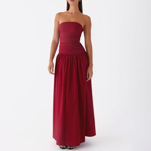 Image of Women Tube Top Maxi Dress Summer Strapless Backless Bodycon Long Bandeau Dress Elegant Off Shoulder A Line Dresses