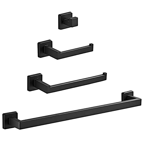 Sereey Bathroom Hardware Accessories Set Stainless Steel Matte Black Towel Bar + Toilet Paper Holder + Hand Towel Rack + Towel Hook Brushed Nickel(24 inch, 4-Piece)