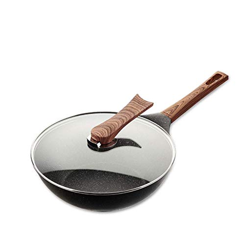 Olla de Piedra Maifan/Wok Antiadherente/sartén multifunción/Olla de Cocina doméstica/Wok para freír/con Cubierta de Vidrio/Mango de Madera/Adecuado para Todas Las Estufas