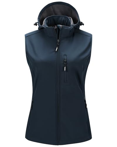 Outdoor Ventures Damen Softshell Westen mit Kapuze Leichte Fleece Gefütterte Ärmellose Jacke Wasserdichte Winddichte Weste Vest mit Zip up-Taschen Juwel Blau M
