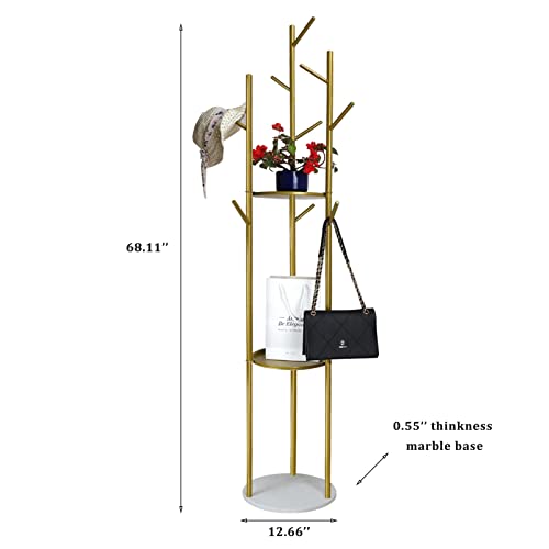 Lugshiree Coat Rack Freestanding Metal Coat Tree Rack Stand With 3 Storage Shelves And 9 Hooks Marble Base For Hanging,Jackets Hats Bags Purses Entryway Hall Bedroom (Gold) #TOP5