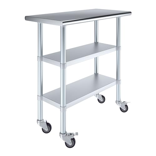 Image of AmGood Stainless Steel Work Table with 2 Shelves and Casters | Metal Utility Table On Wheels (Stainless Steel Work Table with 2 Shelves + Casters, 36 inch Long x 18 inch Deep)