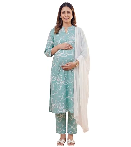 Image of DUMMY SHAPE Feeding Kurtis for Women Cotton Blend | Floral Kurta Pant Dupatta Set with Nursing Zippers to Pre & Post Partum | Maternity Dresses | Mom to Be Gifts for Pregnant Woman