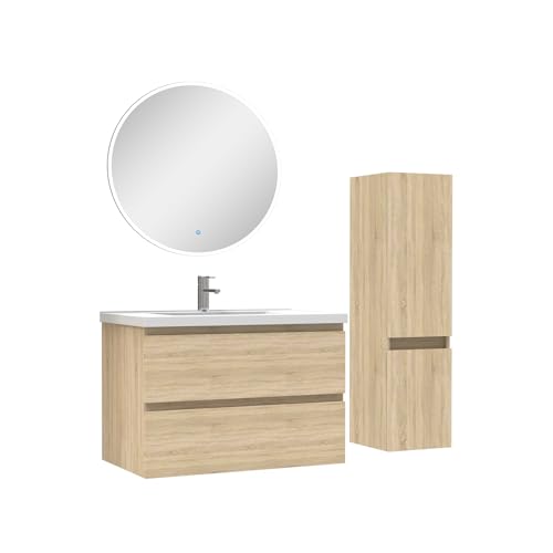 AICA Ensemble Meubles Salle de Bain 80cm Vasque + Colonne + Miroir Rond Lumineux Chêne Wotan