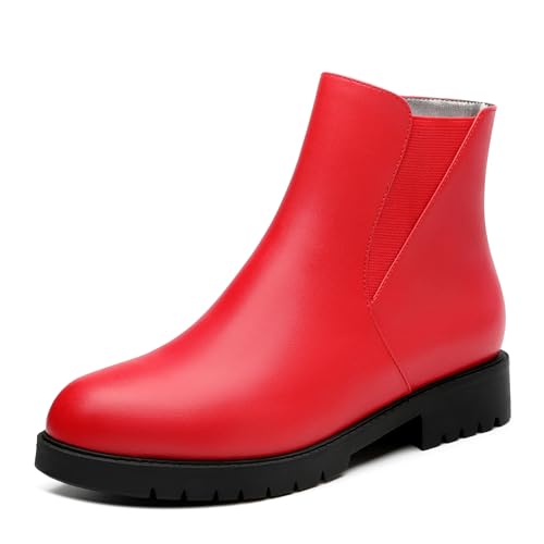 MISEZOXI Womens Ankle Boots, Round Toe Low Chunky Heel Chelsea Boots for Women, Chelsea Ankle Booties with ELastic and Zipper 1' Red Matte Size 7.5
