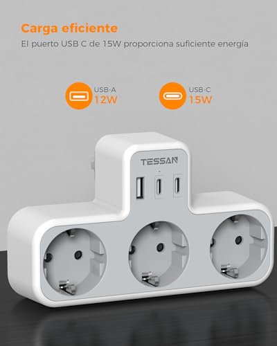 Miniatura 3 de Tessan 6 En 1 Ladron Enchufe Plano Con 2 Usb C, Triple Enchufe Multiple Con 3 Usb, 3 Tomas Cargador Multiple Para Phone, Regleta Pared Para Casa, Oficina, 3600w, Gris
