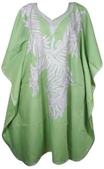 Vintage Embroidered Mint Green Cotton Kimono Sleeve Caftan Midi Caftan L-4XL