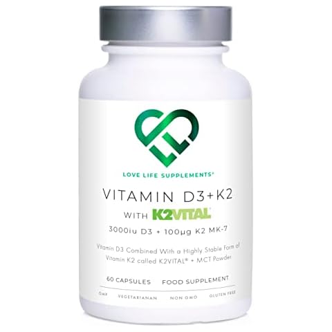 Vitamin D3 + K2 MK-7 (K2VITAL® - Superior Form of K2) by LLS | 60 Capsules | 3000iu D3 + 100μg K2 MK-7 | Includes MCT Powder for Increased Absorption | Love Life Supplements - Premium UK Supplements Cover