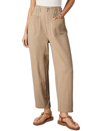 Dokotoo 2025 New Summer Linen Pants Women Casual Trendy Wide Leg Plus Size Cargo Trouser Lightweight Loose Basic Solid Slacks Womens Fashion Capri Pants Cotton Fall Outfits for Women Khaki L
