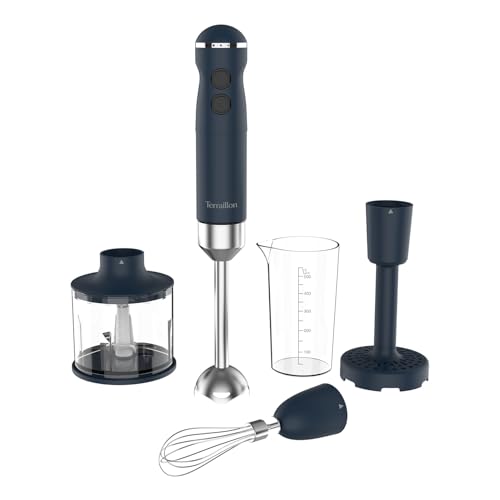 TERRAILLON - NEW MOON- Mixeur plongeant Electrique, Lames Inox, Fonction Turbo, 1000W, VItesse variable, Gobelet doseur, fouet inox, Hachoir 600 ml, Presse purée, Corps...