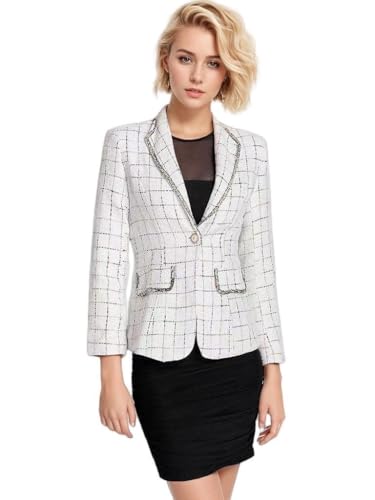Women's Office Business Casual Lapel Collar Tweed Suit Jacket with Plaid Buttons and Pockets