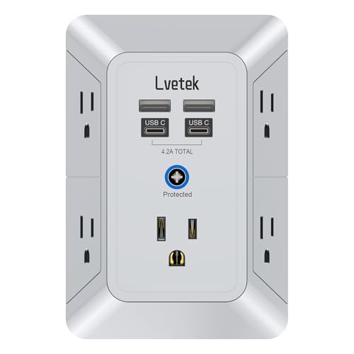Multi Plug Outlet Surge Protector, Lvetek Outlet Extender with 5 Outlet and 4 USB Ports(2 USB C), 3-Sided Multiple-Plug Outlet Splitter Wall Charger for Home Travel Office,ETL Listed,Grey