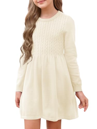 Haloumoning Mädchen Pulloverkleid Langarm Strickkleid mit Zopfmuster A-Linie Freizeitkleid Herbst Elegant Partykleid Winterkleider, Beige, 4-6 Jahre