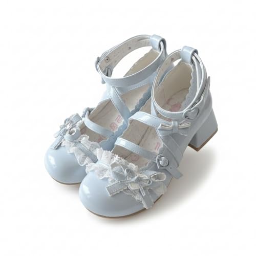 Women Bow Cross Lolita Shoes Block Heel Mary Janes Lace Straps Party Cosplay Wedding Sweet Kawaii Fashion Round Toe Elegant Pumps (Blue,8)