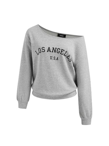 CIDER Womens Off Shoulder Sweatshirt Letter Printed Y2k Basic Casual Trendy Top Fall Fashion Pullover Shirt Grey