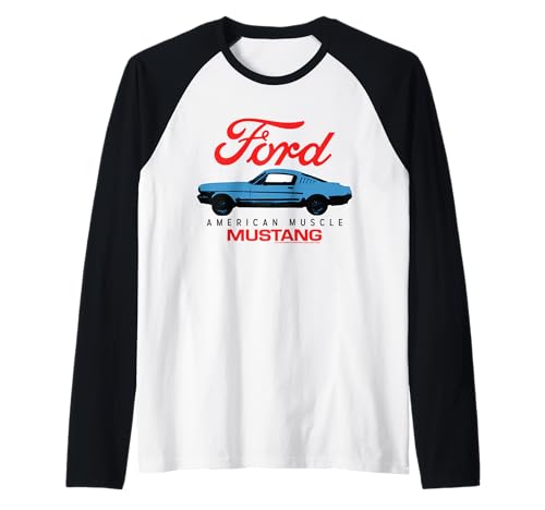 Ford - Mustang azul americano Muscle Car con logotipo rojo Camiseta Manga Raglan