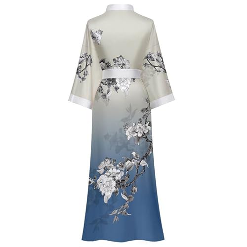 NSICBMNO Blue Satin Dressing Gown For Women Long Nightgowns Kimono Robes Floral Dressing Gowns Long Sleeve Nighties Silk Bathrobe Kimono Gowns Lightweight Bath Robes Nightwear With Belt - Image 6