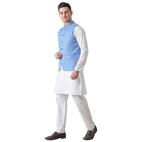 Image of TAHVO Men's Nehru Jacket /Waistcoat /Modi Jacket Cotton Fabric /Men 's 5 Button Nehru Jacket with Hanky Kurta Set