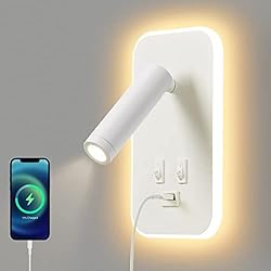 Lamparas De Dormitorio Para Leer AWEKLIY 3W+9W LED Lámpara De Lectura Blanco Luz De Lectura Con Interruptor Apliques Para Lectura En Interior Iluminación de Pared puerto de carga USB Para Giratoria Lámpara De Noche Dormitorio Hotel