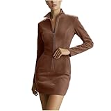 Suede Mini Dresses Lapel Collar Zip-up Dress Western Cowgirl Dress Long Sleeve Bodycon Dresses Vintage Mini Sundress Coffee 2XL