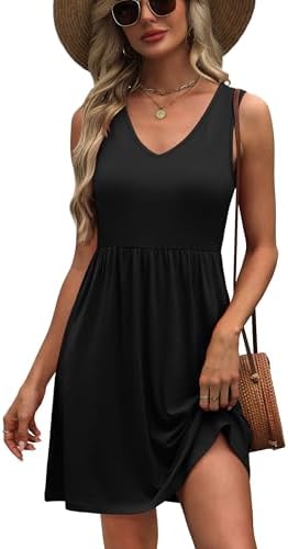 WIHOLL Women's Casual Summer Sleeveless V Neck Dresses with Pockets Flowy A-Line Sundresses Beach Vacation Clothes