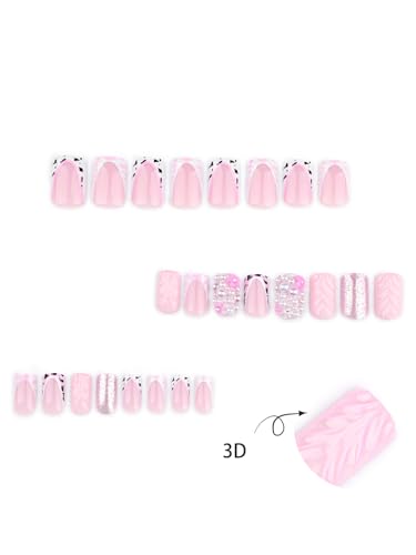 Image of Secret Lives Pink 3D Press On Nails - Glittery Pearl & Pink Leopard Print Wearable Artificial Nails