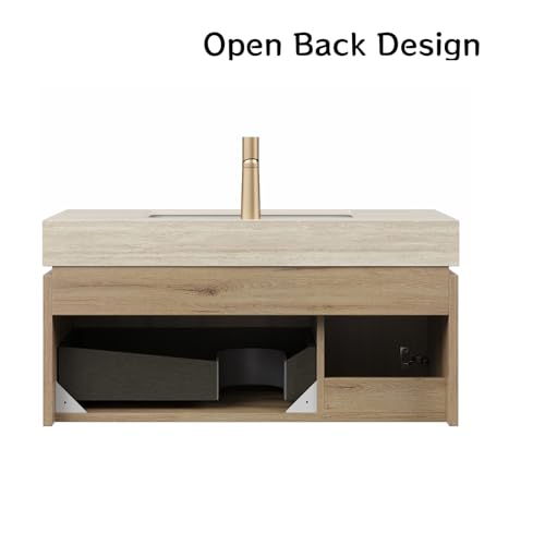 Image of 36 inch Bathroom Vanity with Sink, Wall-Mounted Plywood Bathroom Storage Cabinet with Ceramic Basin & Sintered Stone Countertop, Modern Pre-Assembled Floating Vanity with Drawer & Door, Oak