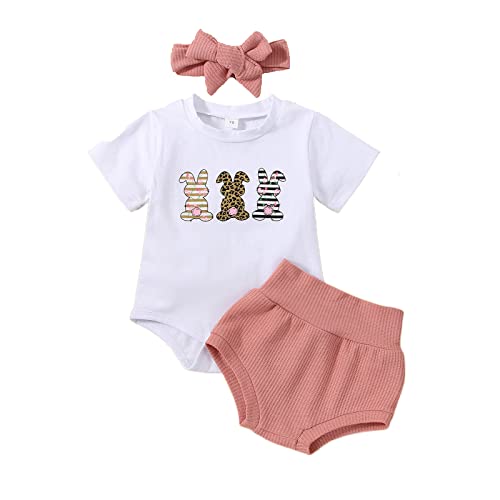 Image of Dcohmch 3Pcs Infant Baby Girl Easter Outfit –Short Sleeveless Bunny Romper Waffle Short Pants Easter Bunny Clothes 0-24M