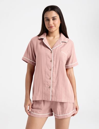 Image of Womens Muslin Pajama Set 100% Cotton Double Gauze Linen Like | Breathable Soft Comfort Button Up Loungewear Sleepwear PJ Set