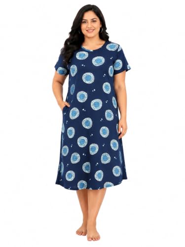 Image of 9shines Label Hosiery Cotton Knee Length Short Night Dress | Short Nighty for Women with Pocket | Graphic Print Nightwear | Night Gown for Women (M-7XL)
