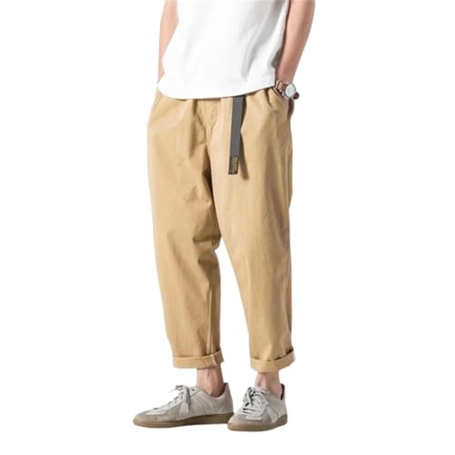 Men 100 Percent Cotton Pants with Belt Straight Baggy Ankle-Length Cargo Wide Leg Trousers